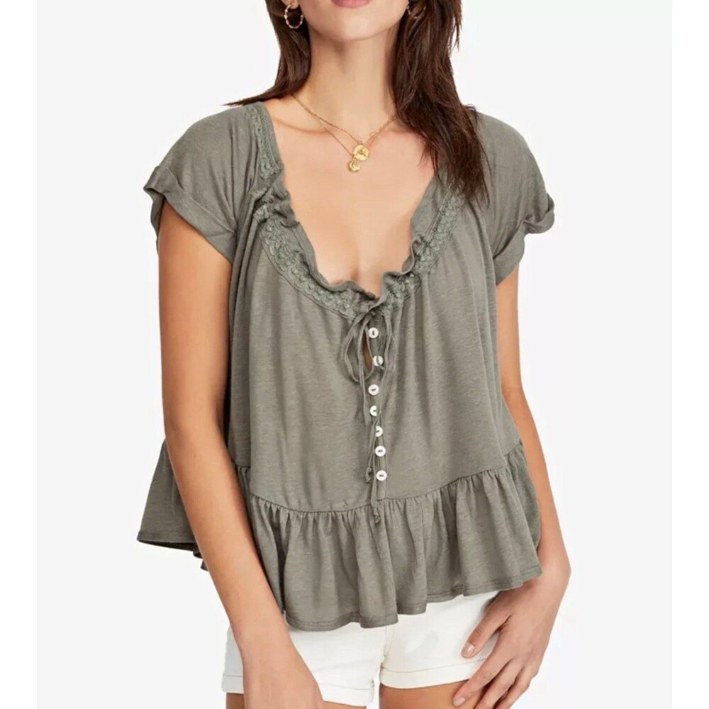 Free People Charlie Ruffle Henley Peplum Top Olive Green Size M